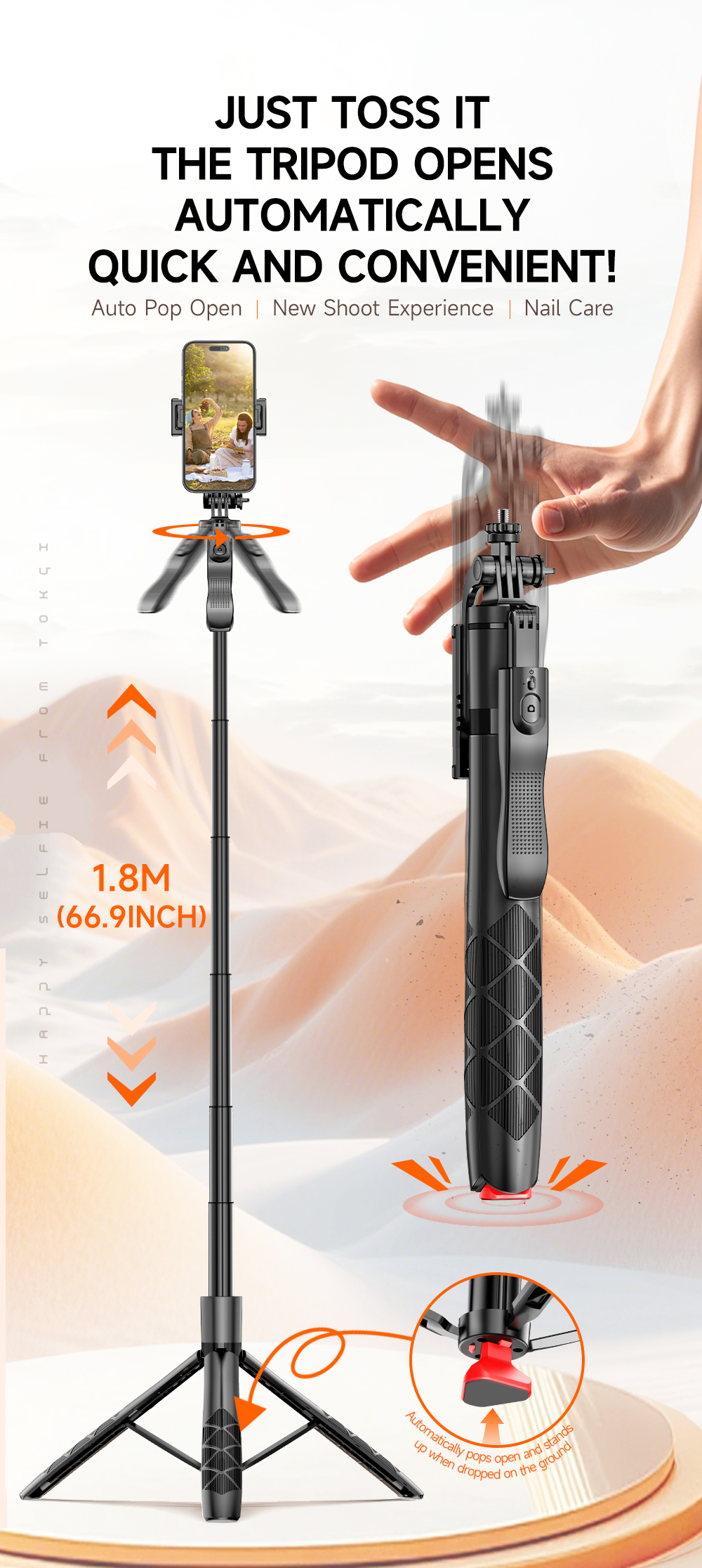 Auto Open Tripod with Balance Handle, Extra Long Extendable Selfie Stick - Image 2