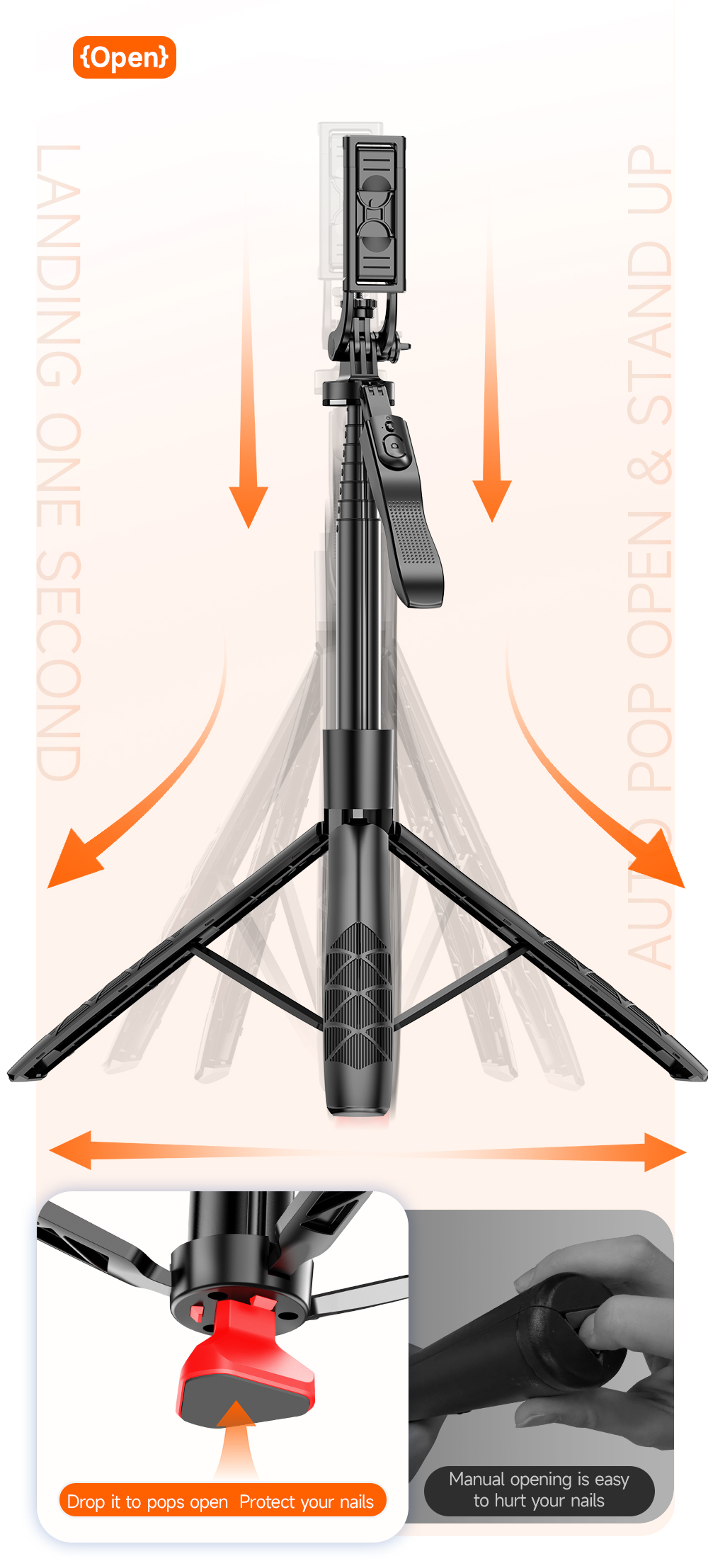 Auto Open Tripod with Balance Handle, Extra Long Extendable Selfie Stick - Image 5